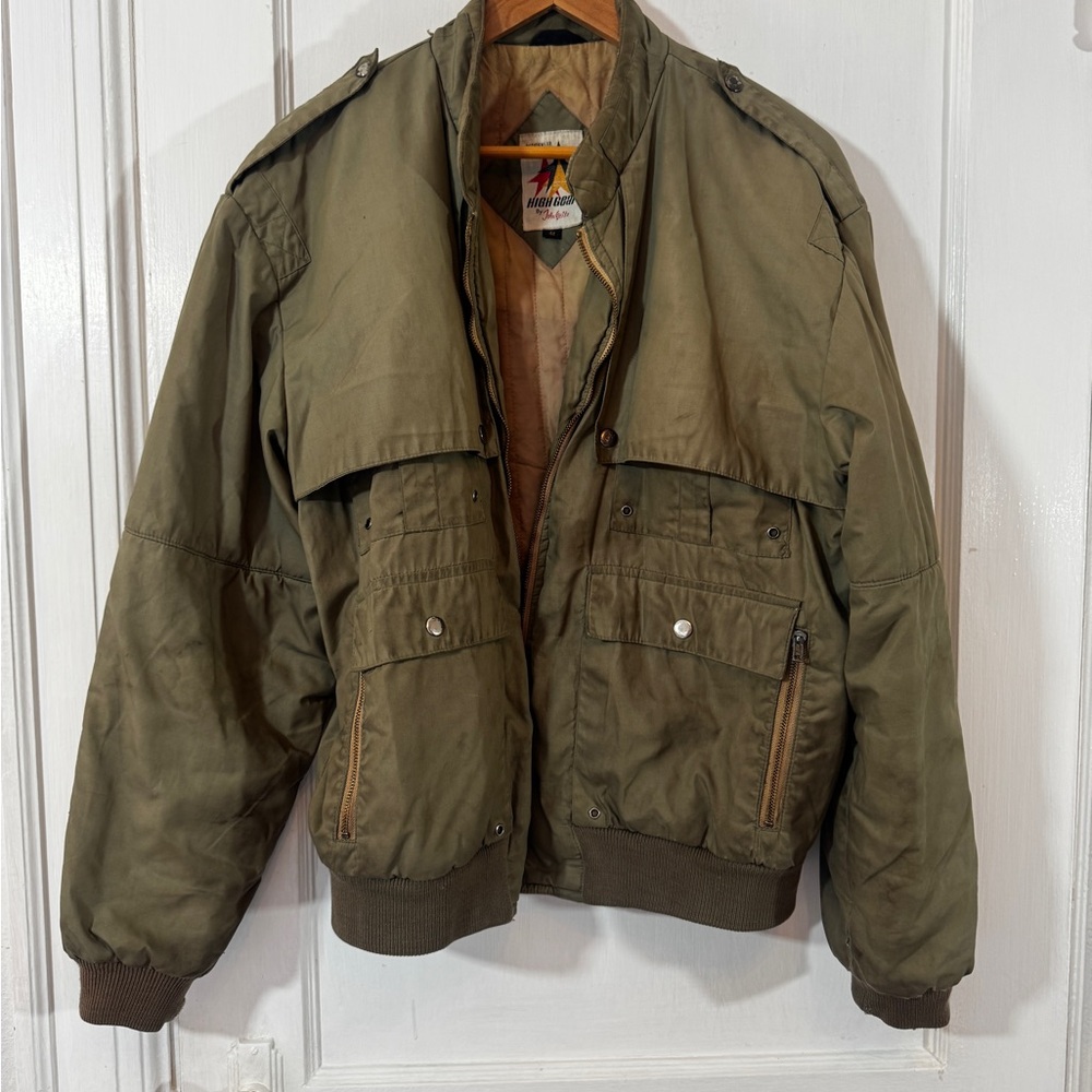Men's Olive Green Military Jacket Bomber Broken Zipper